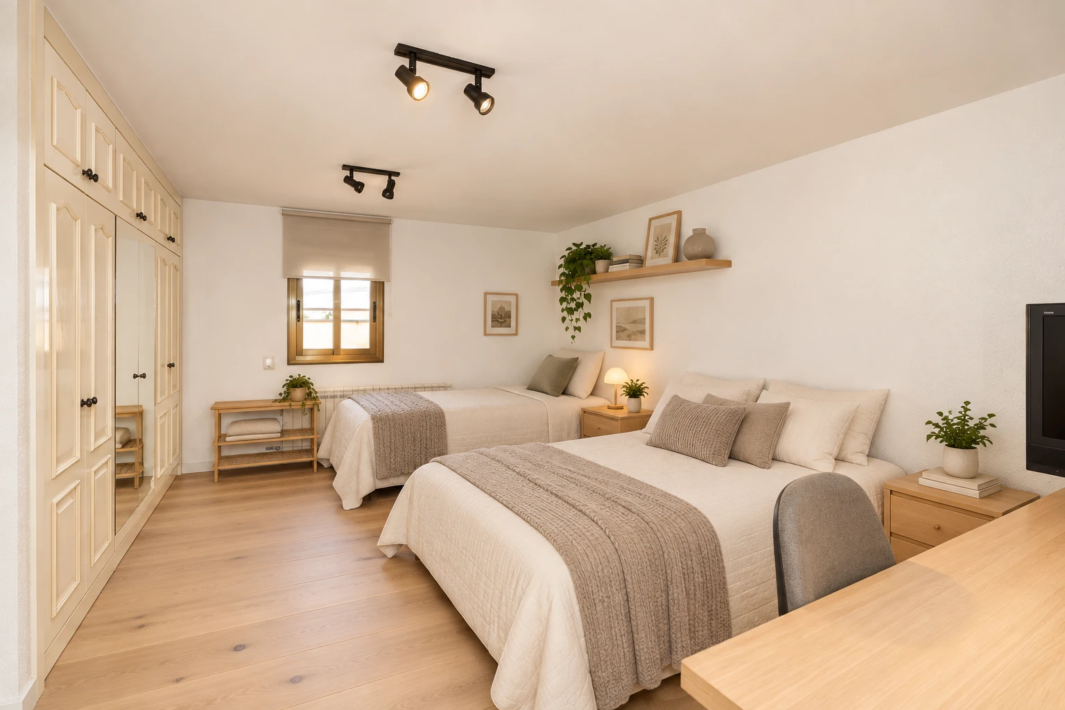 Propuesta virtual del dormitorio en estilo moderno cálido, con dos camas, madera clara y tonos neutros.